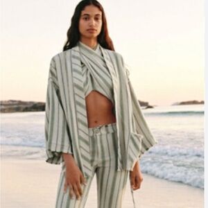 ZARA The Beth Kimono, Rustic Green Tan, Yellow, Belted, Woven Cotton, Size M & L